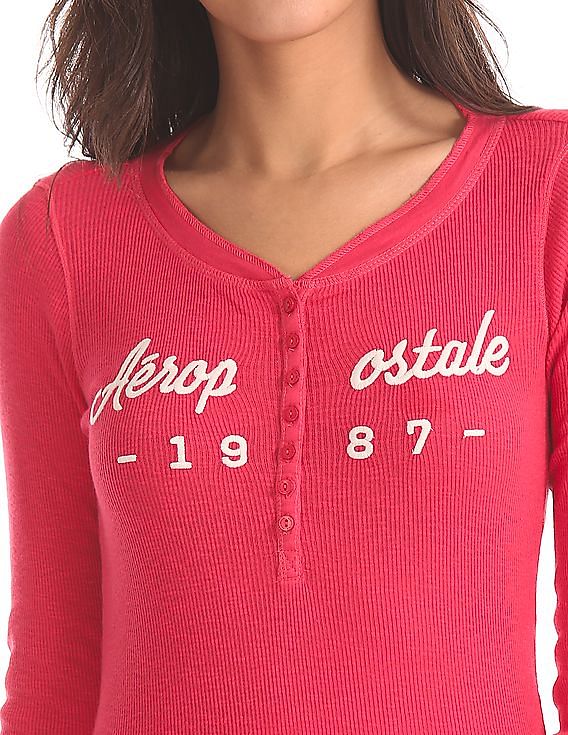 Aeropostale Long Sleeve Ribbed Henley T-Shirt