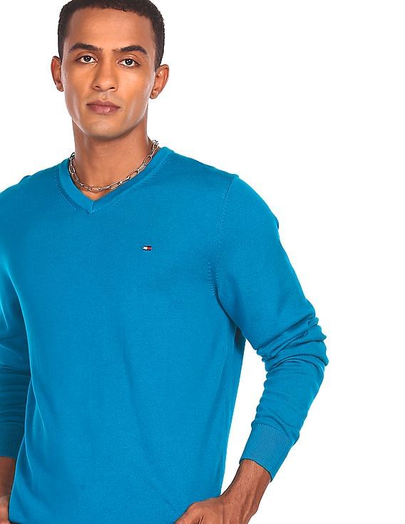 Buy Tommy Hilfiger Men Teal Brand Logo V-Neck Sweater