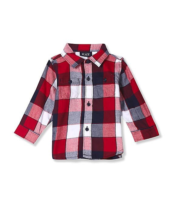 The Childrens Place Baby Boys Long Sleeve Twill Checkered Woven Top