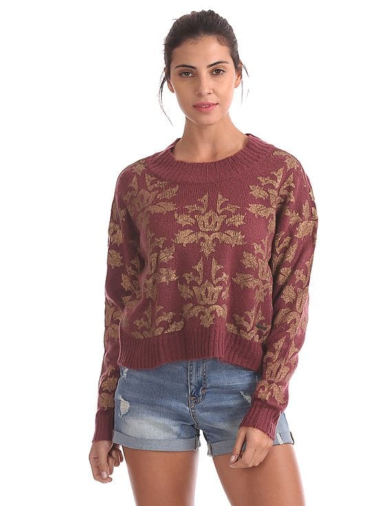Women Long Sleeve Foil Print Sweater 