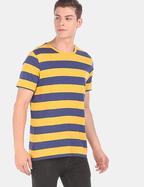 Blue Ribbed Neck Stripe T-Shirt 