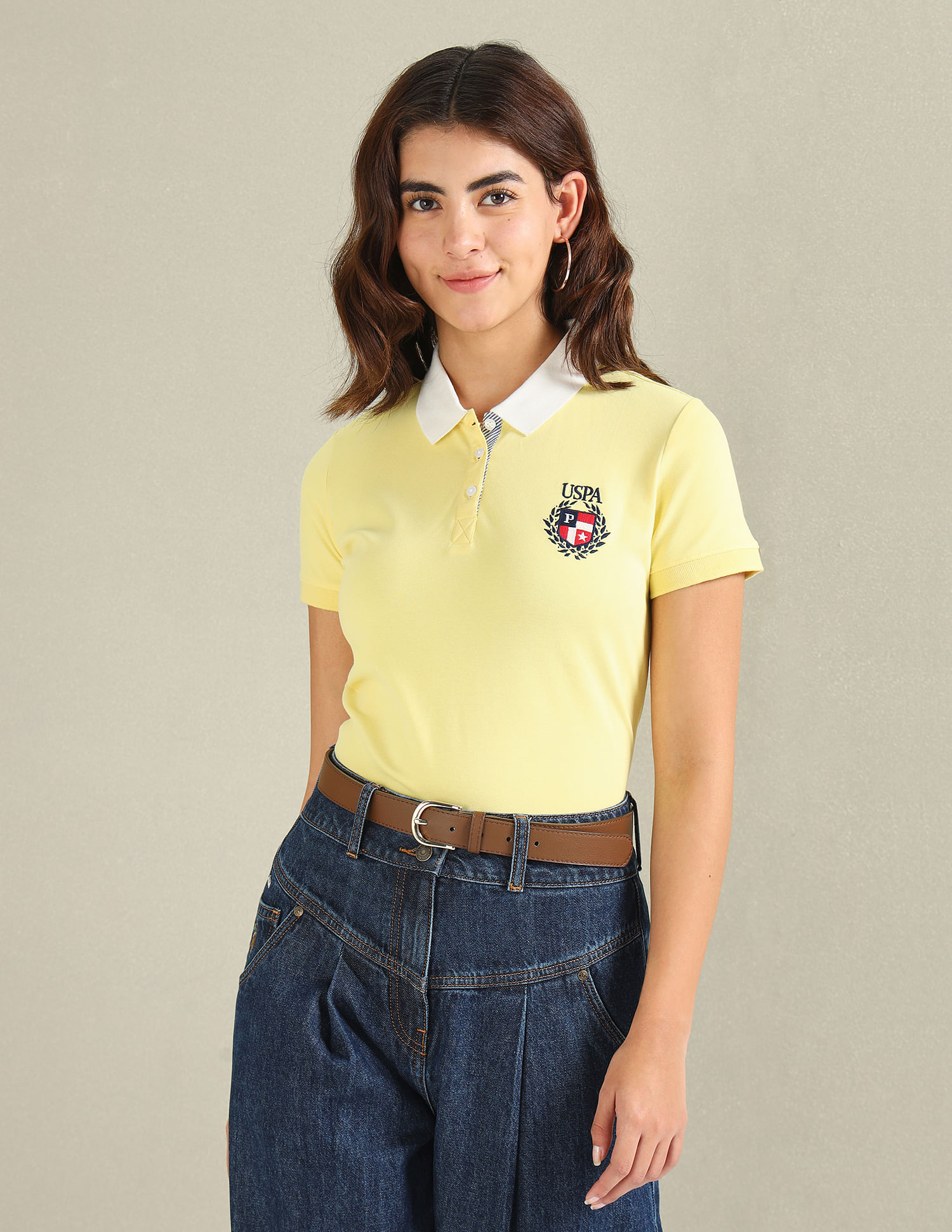 Buy U.S. Polo Assn. Women Contrast Collar Crest Polo Shirt 
