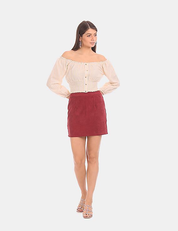 Aeropostale Women Beige And White Striped Off-Shoulder Top