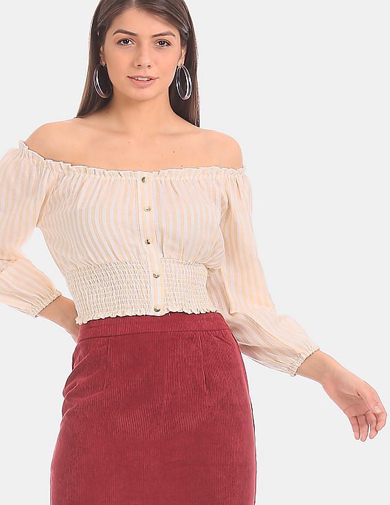 Aeropostale Women Beige And White Striped Off-Shoulder Top