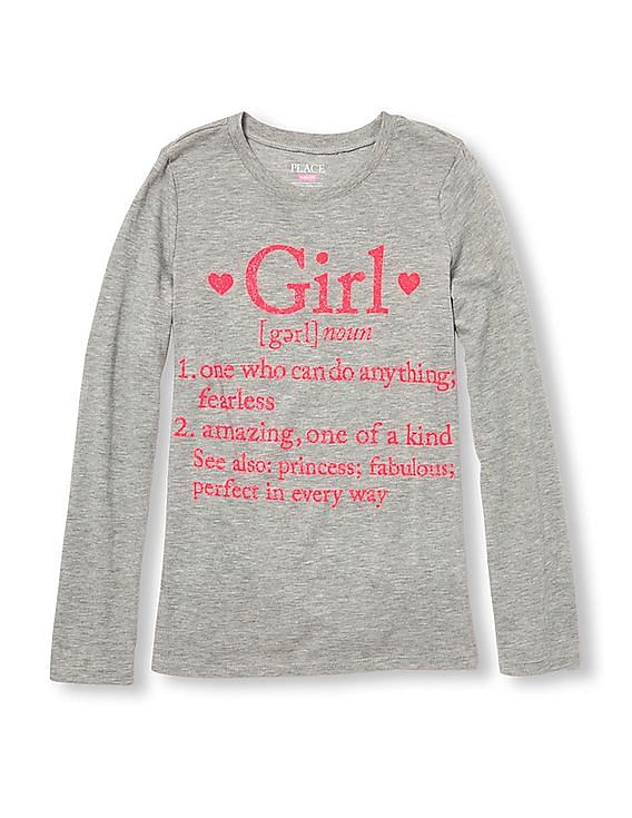 Buy The Children's Place Girls Girls Grey Noun Print T-Shirt 