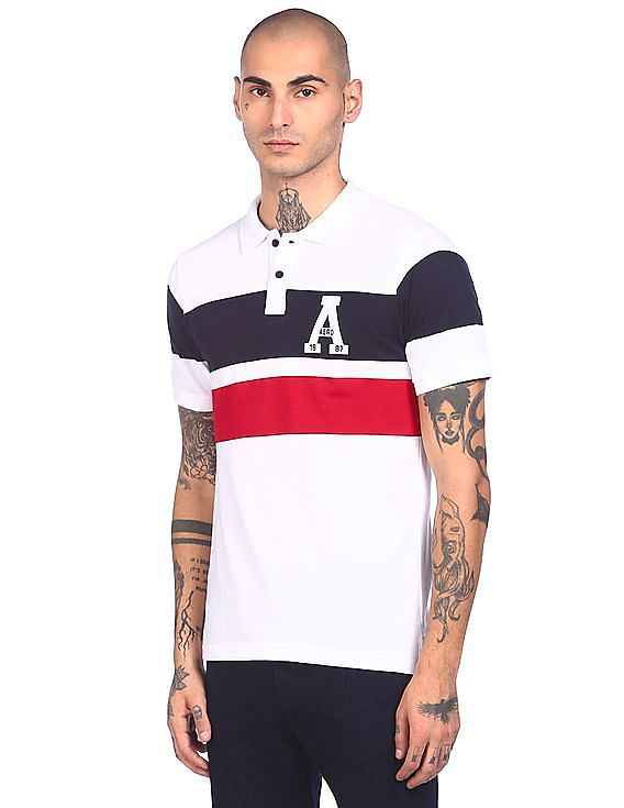 Aeropostale Men White Short Sleeve Colour Block Polo Shirt