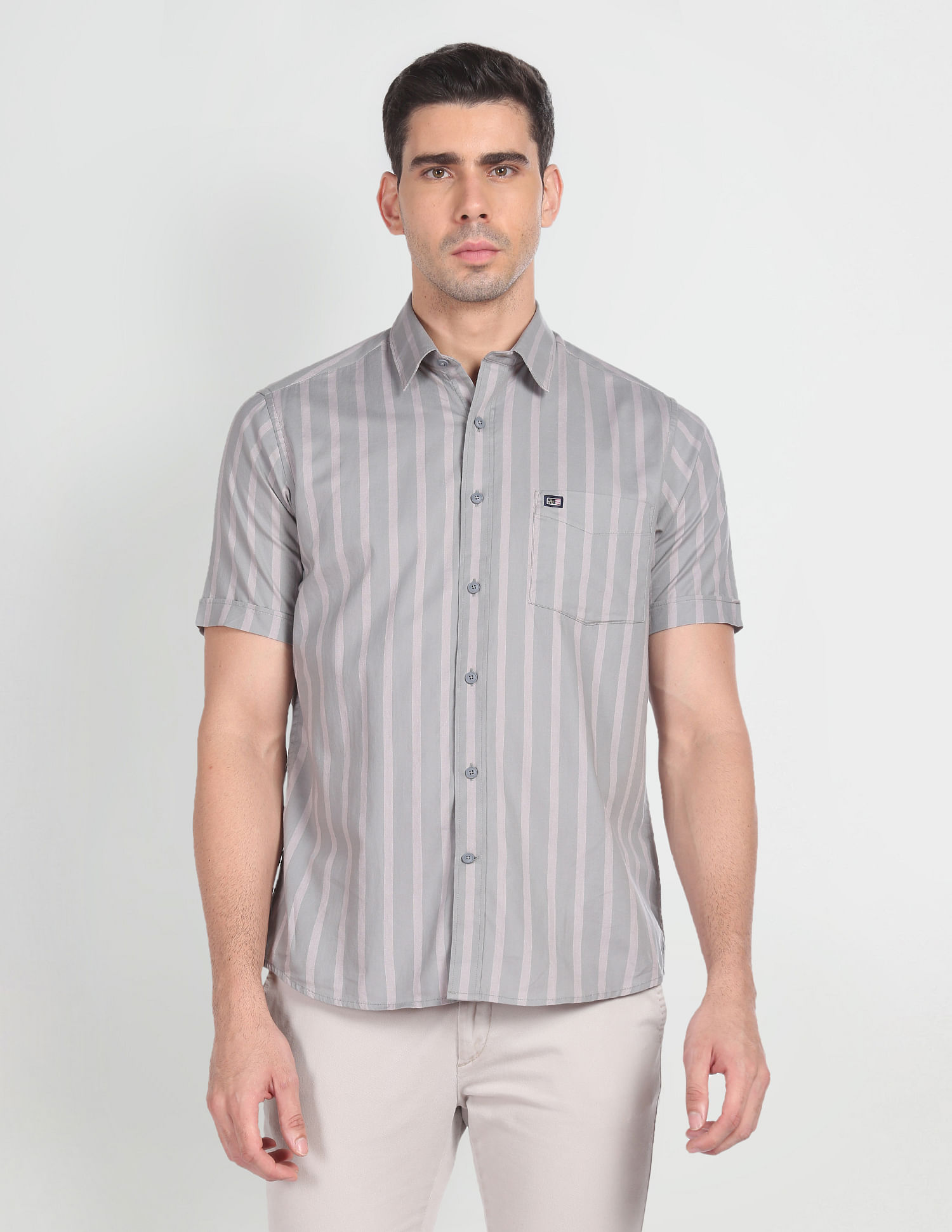 Arrow Sports Short Sleeve Vertical Stripe Casual Shirt
