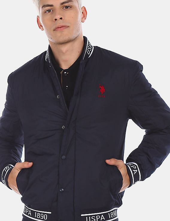 U.S. Polo Assn. Men Navy Stand Collar Brand Printed Bomber Jacket