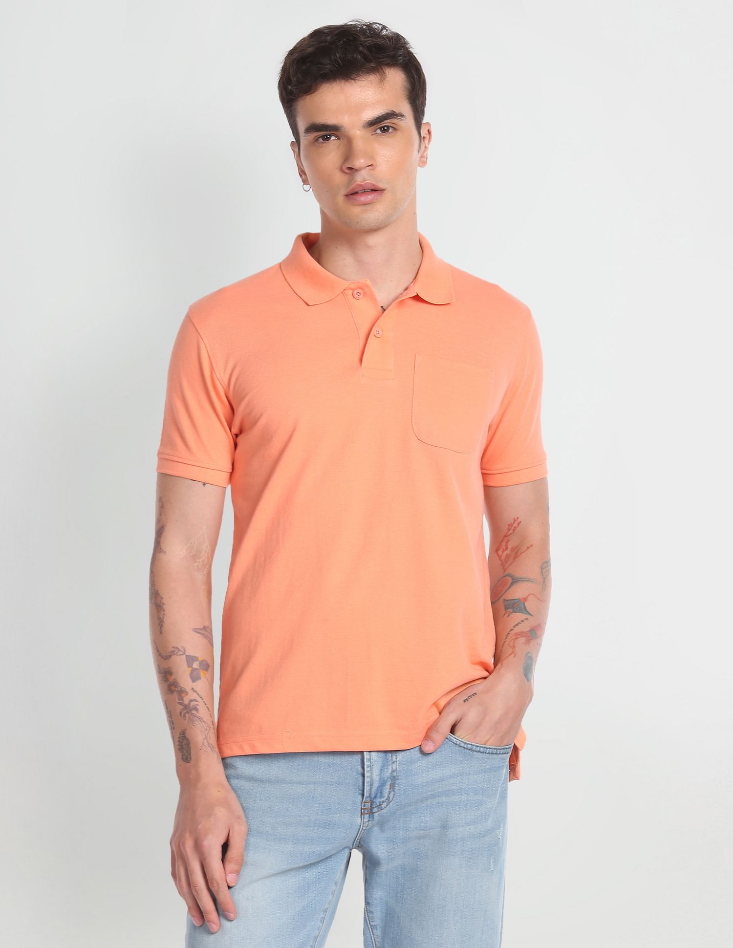 Flying Machine Solid One Pocket Polo Shirt