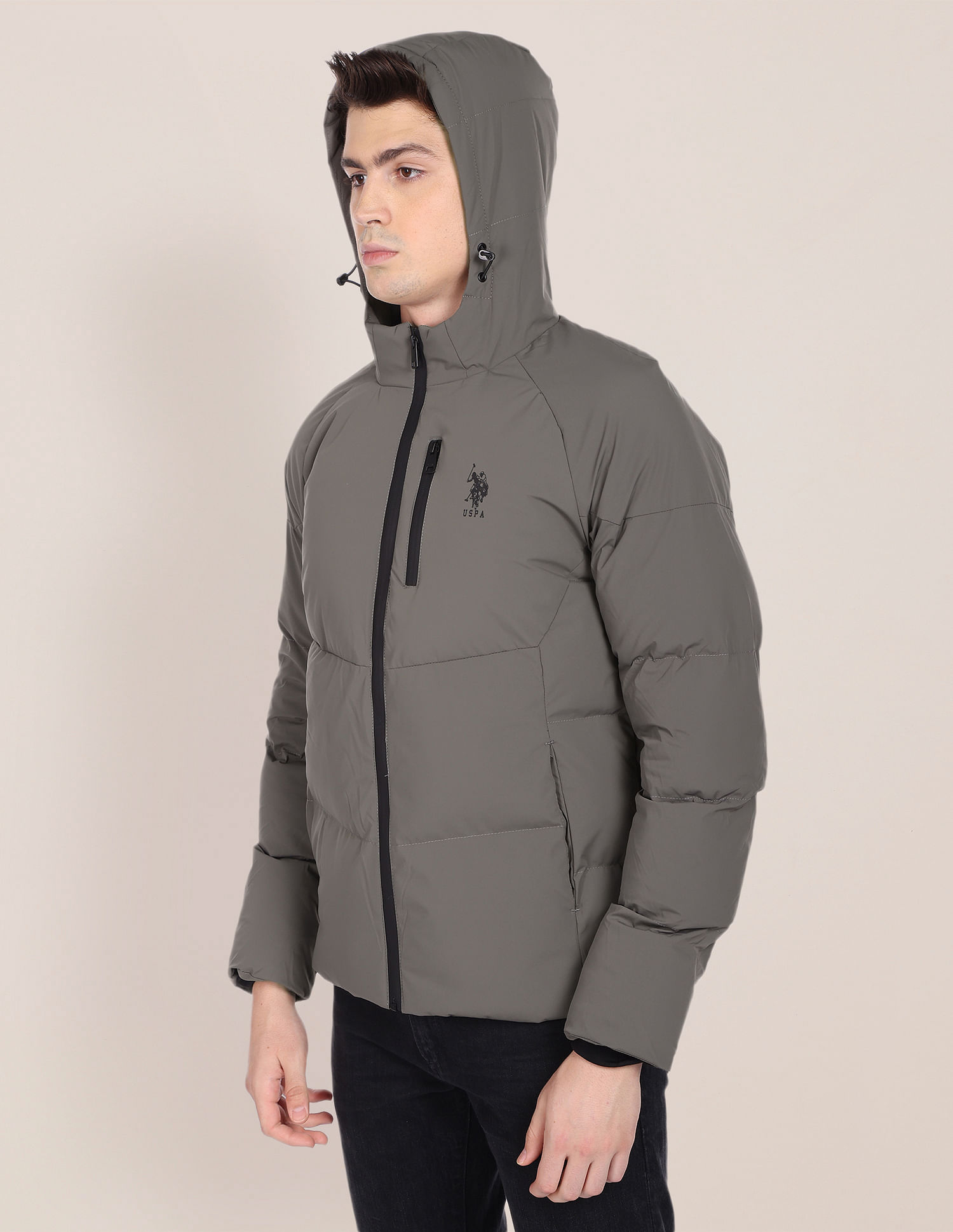 U.S. Polo Assn. Hooded Solid Heat Tech Puffer Jacket, Grey (L)