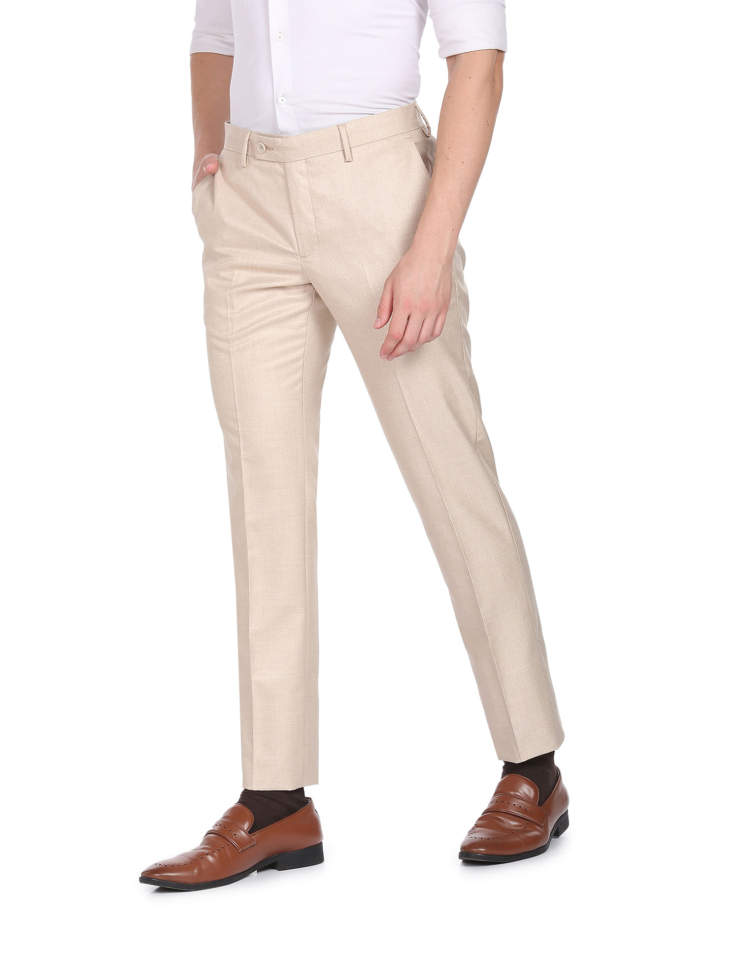 Mens Beige Polyester Solid Flat Front Formal Trousers