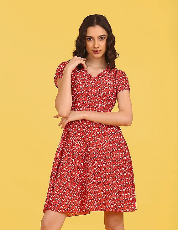 Flying Machine Women Surplice Neck Polyester Floral Print Fit Flare Dress