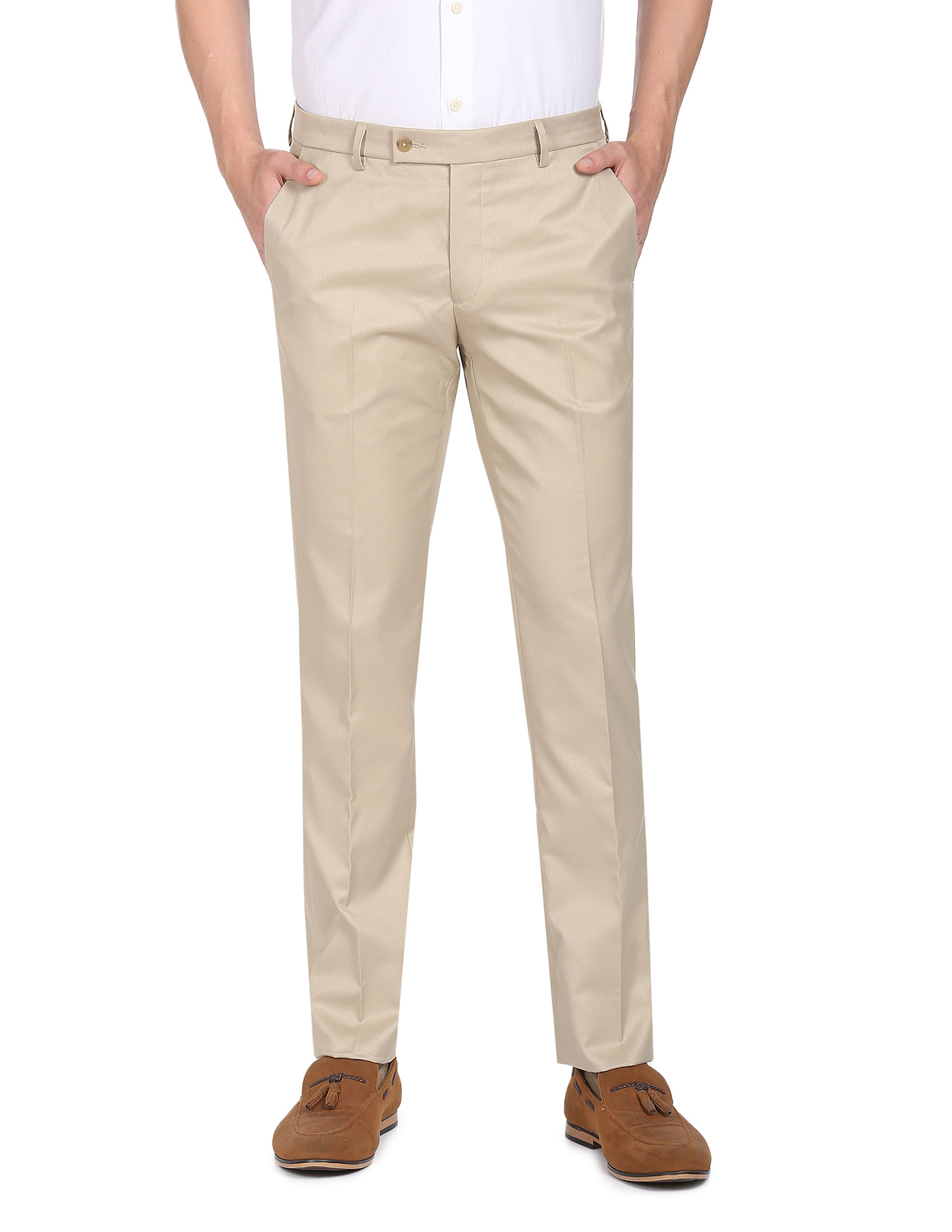 Buy Arrow Sports Men Light Khaki Mid Rise Flat Front Casual Trousers -  NNNOW.com