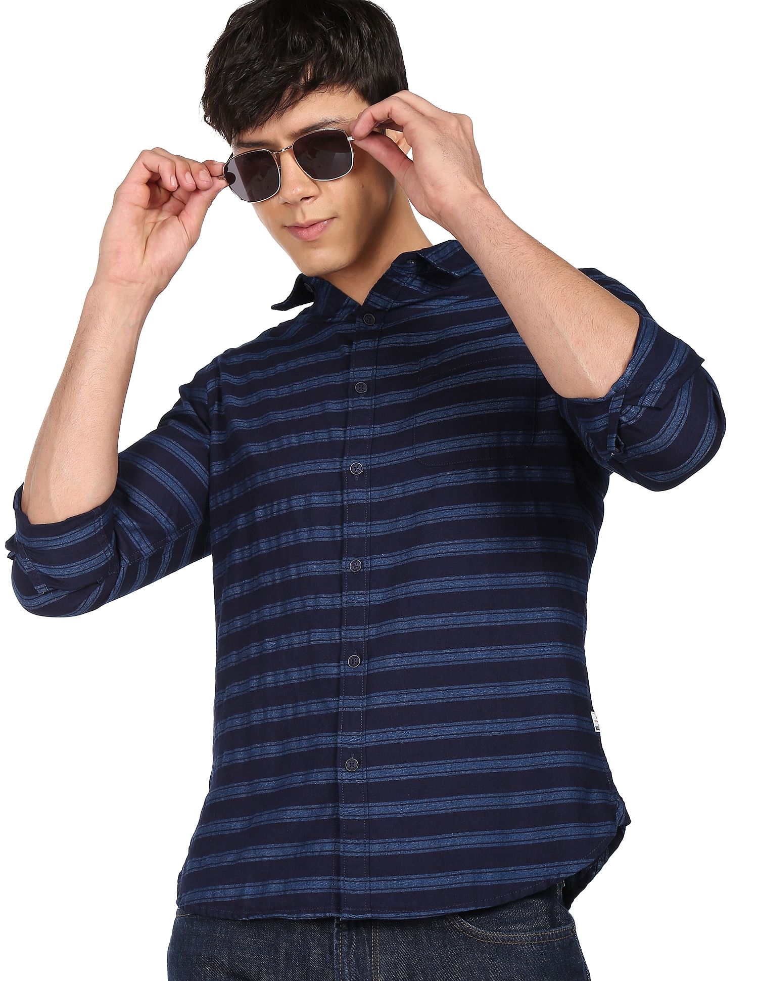 Flying Machine Horizontal Stripe Cotton Twill Shirt