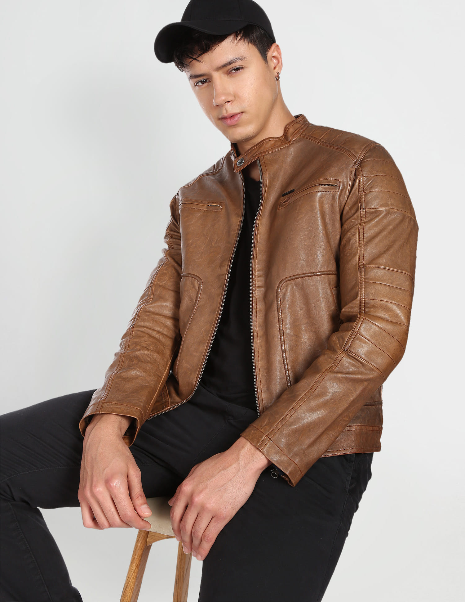 Buy Flying Machine Stand Collar Panelled Leather Jacket