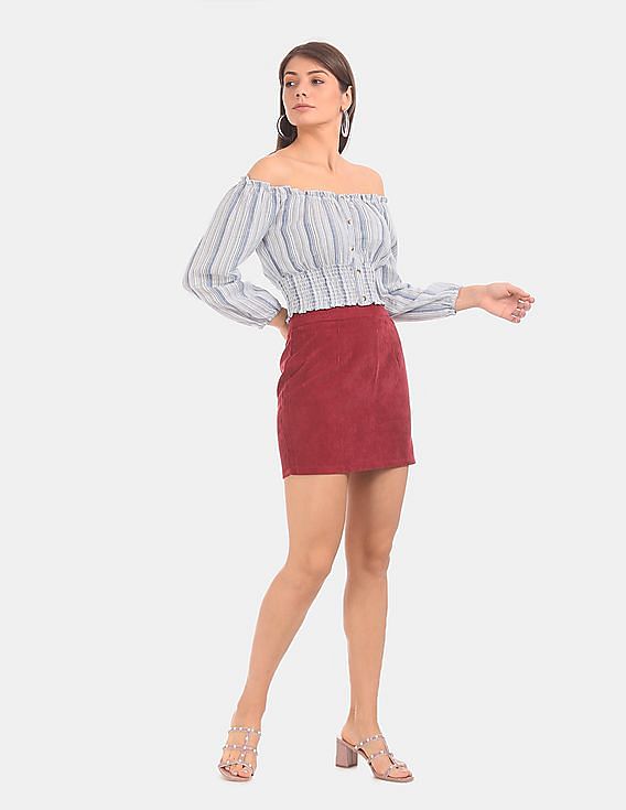 Aeropostale Women Blue And White Striped Off-Shoulder Top