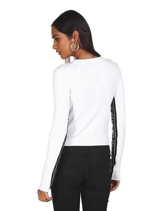 Calvin Klein Women White Long Sleeve Ribbed Sweater