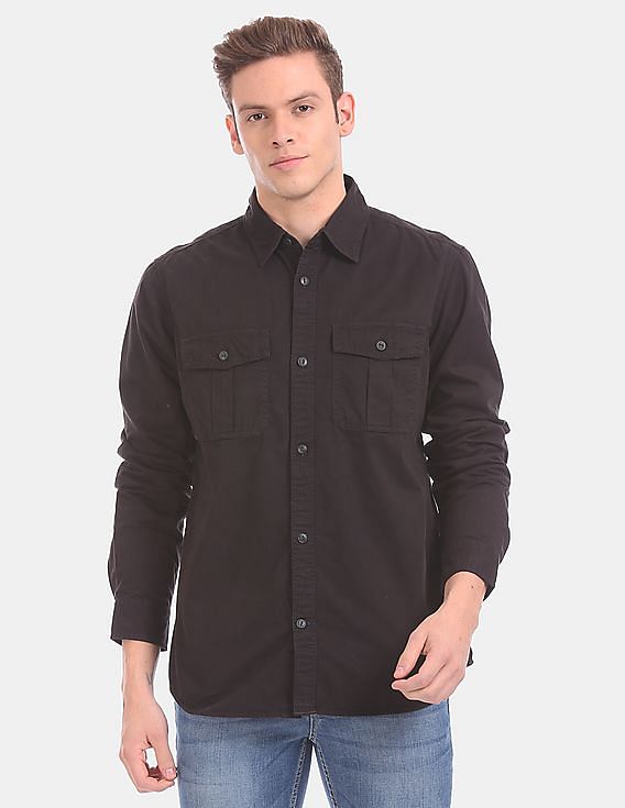 GAP Men Black Long Sleeve Flap Pocket Twill Utility Casual Shirt