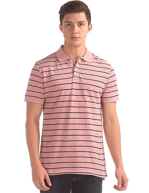 Mens pink striped polo shirt hotsell