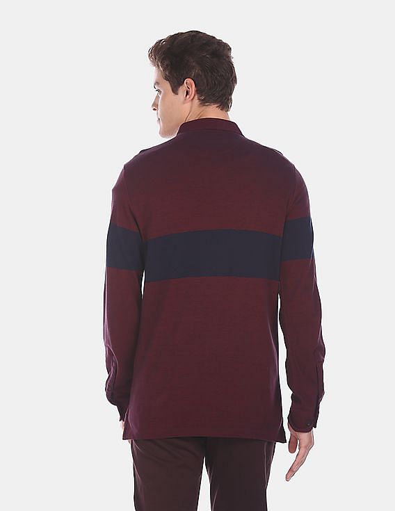 U.S. Polo Assn. Men Maroon Long Sleeve Colour Blocked Polo Shirt