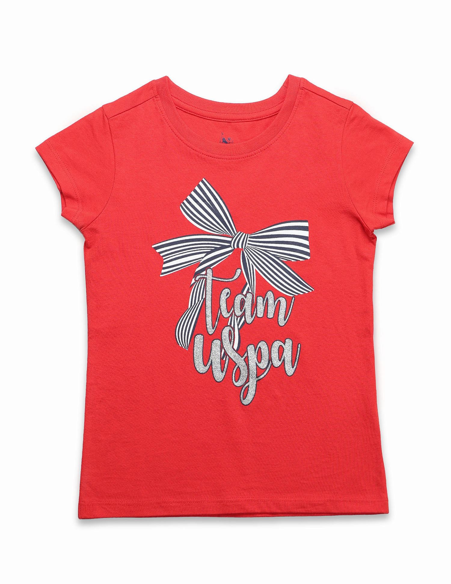 U.S. Polo Assn. Kids Girls Bow Print Regular Fit T-Shirt