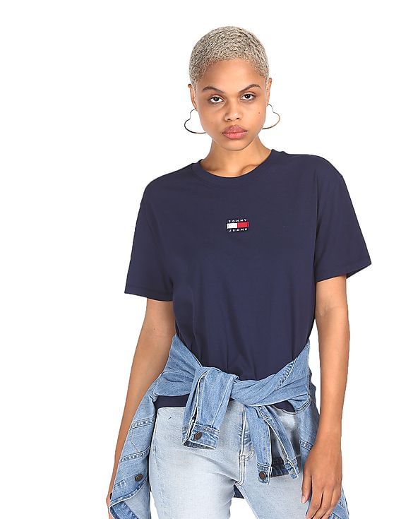 Buy Tommy Hilfiger Women Navy Round Neck Solid Crop T-Shirt