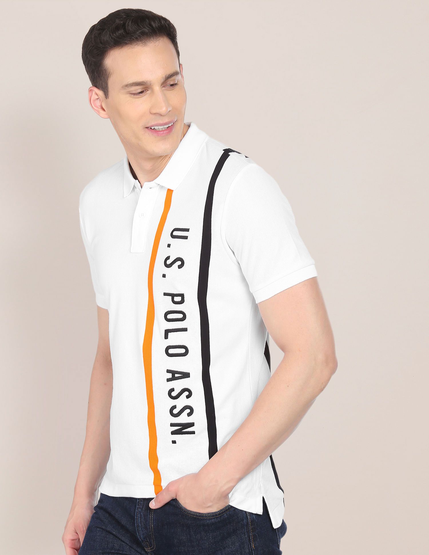 U.S. Polo Assn. Men White Embroidered Logo Cotton Polo Shirt