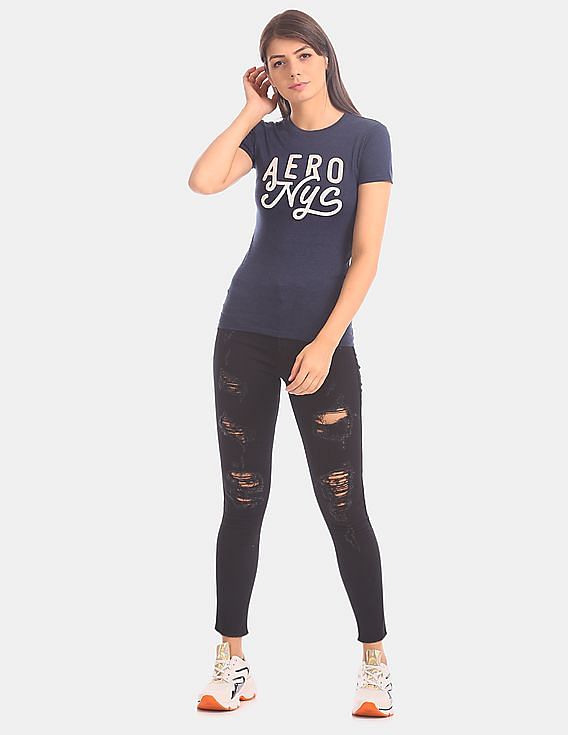 Buy Aeropostale Women Black High Waist Ripped Rinsed Jeans - NNNOW.com