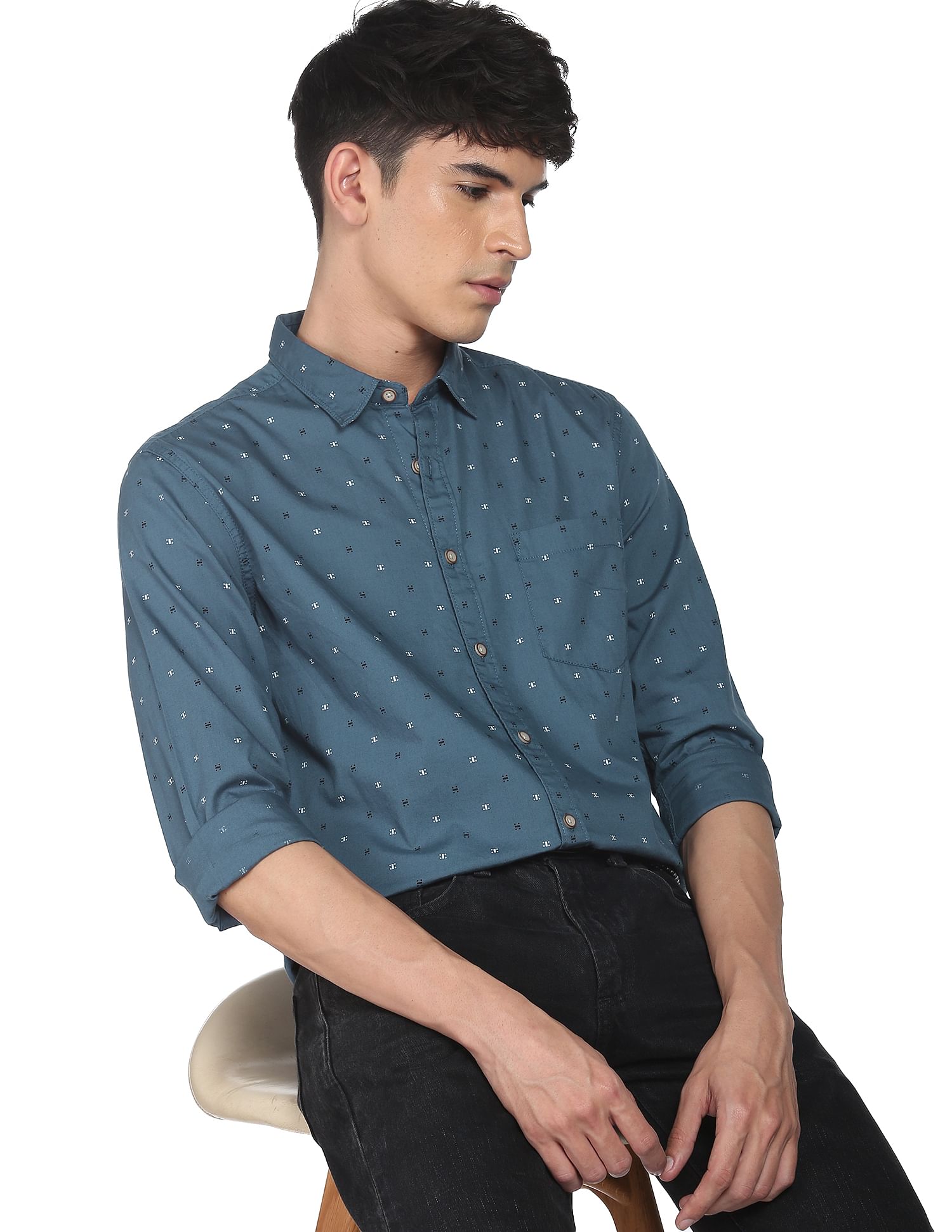 Flying Machine Spread Collar Geometric Print Shirt