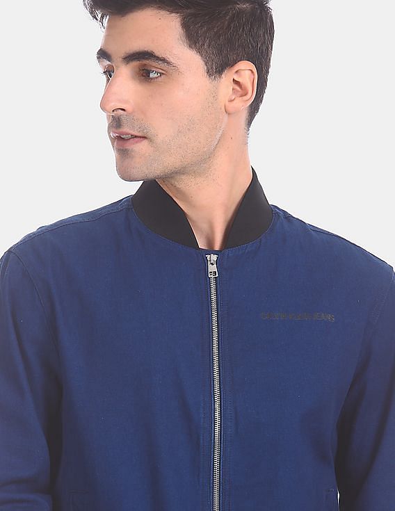 Calvin Klein Men Royal Blue Long Sleeve Zip Up Bomber Jacket