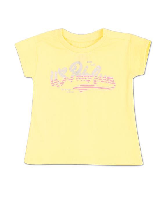 U.S. Polo Assn. Kids Girls Light Yellow Crew Neck Brand Print T-Shirt
