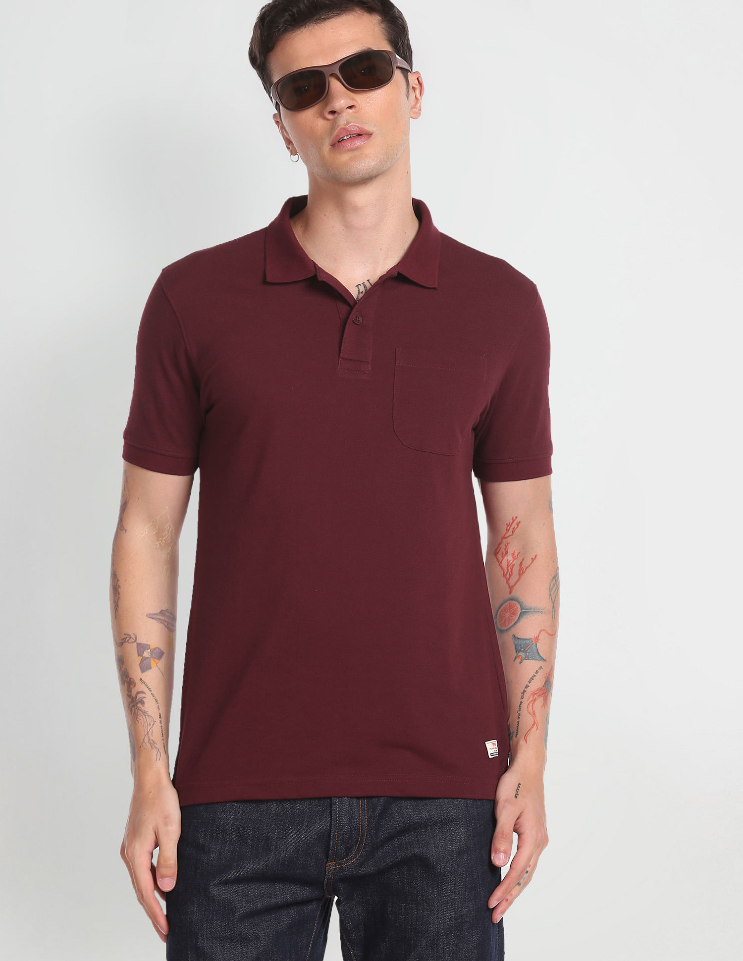 Flying Machine Solid Chest Patch Pocket Polo Shirt