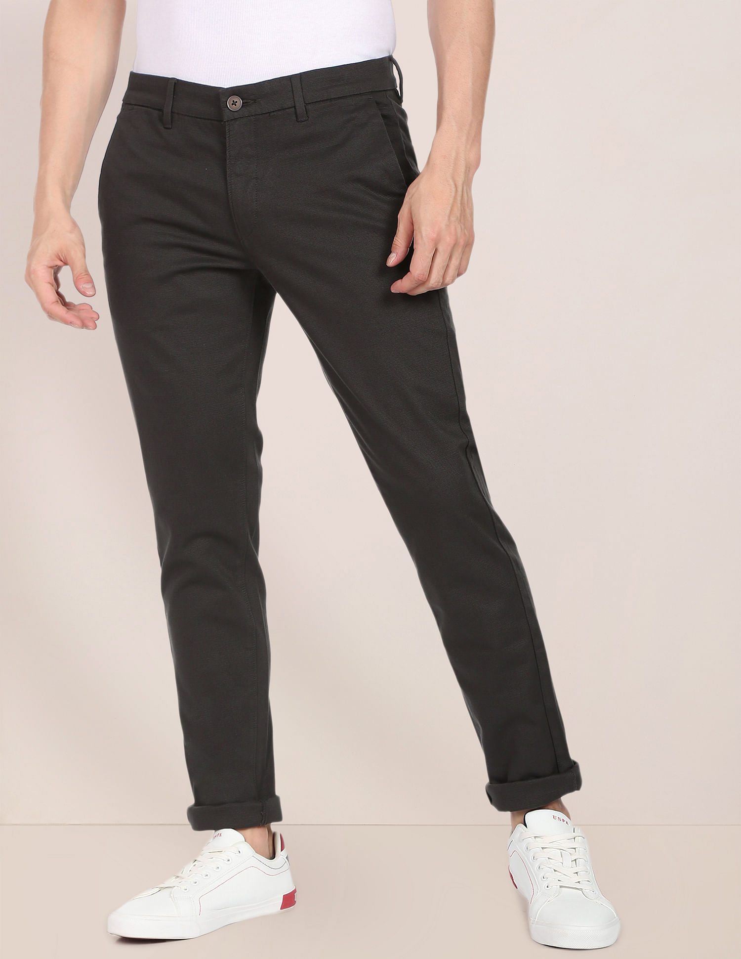 Buy INDIAN TERRAIN Natural Solid Cotton Stretch Slim Fit Mens Trousers |  Shoppers Stop