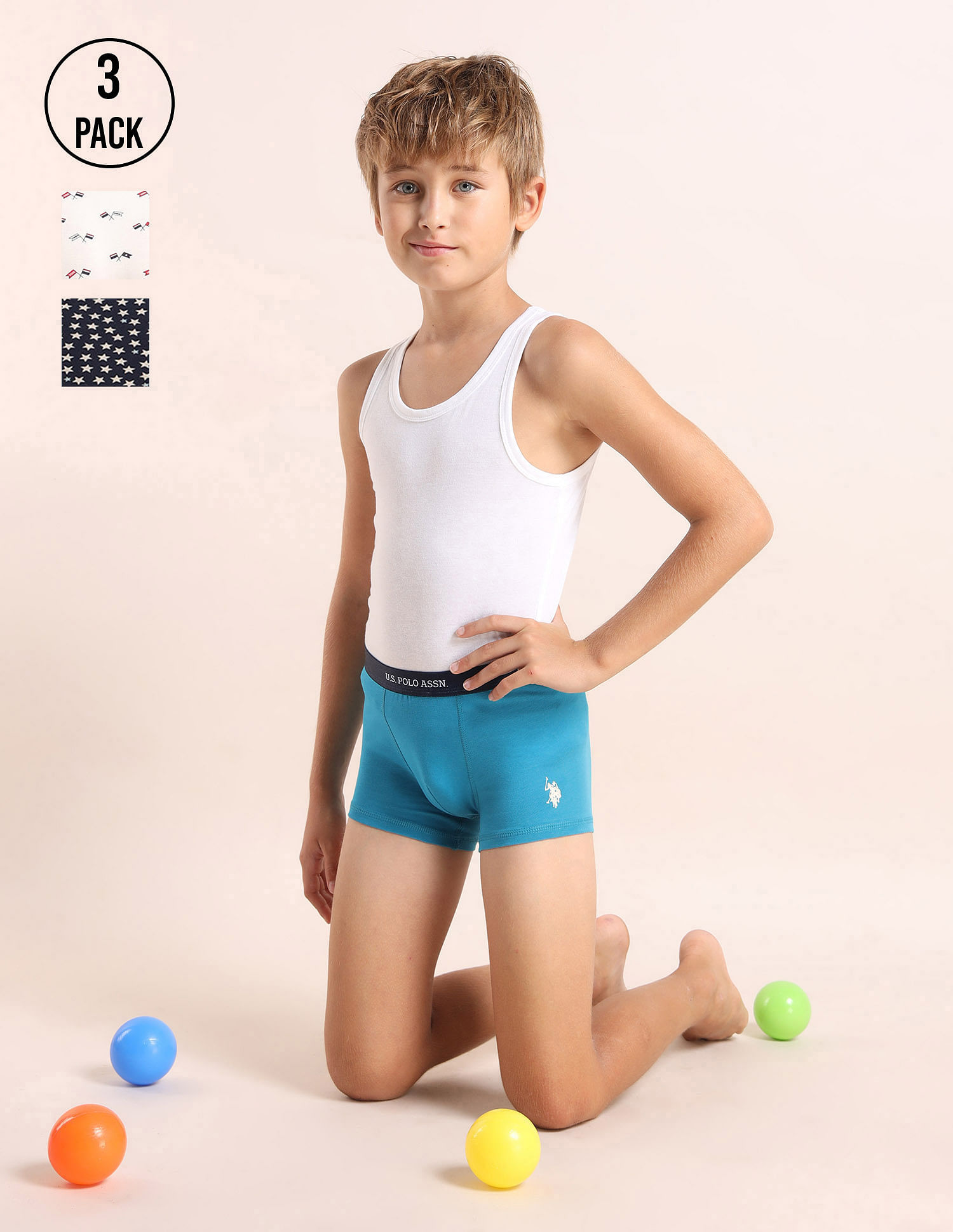 USPA Innerwear Boys Mid Rise Cotton Spandex Trunks - Pack Of 3