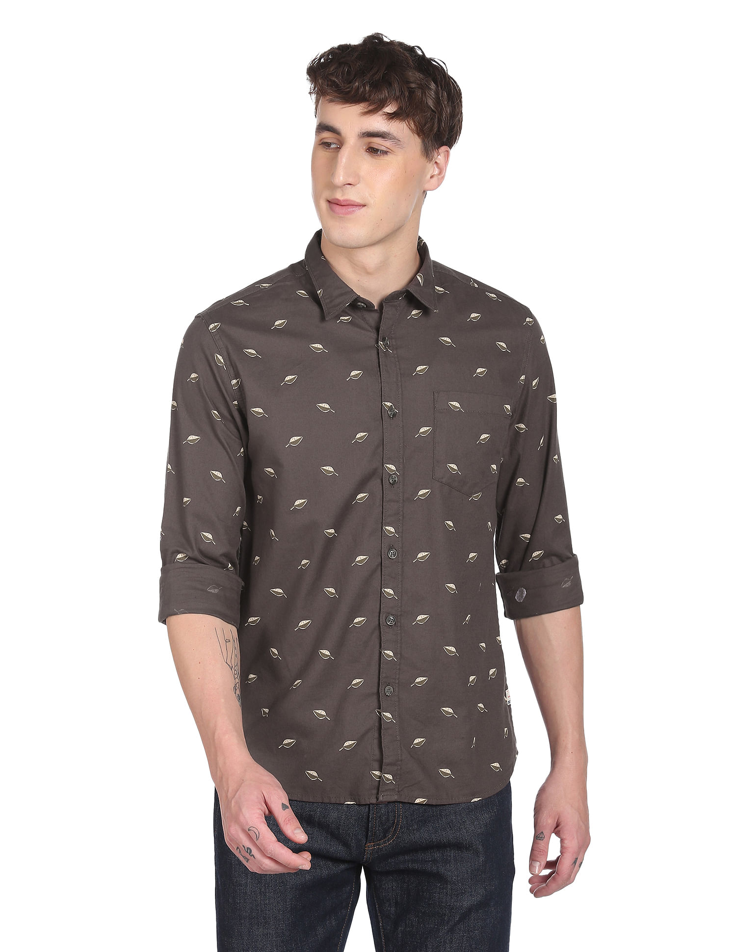 Flying Machine Spread Collar Geometric Print Shirt