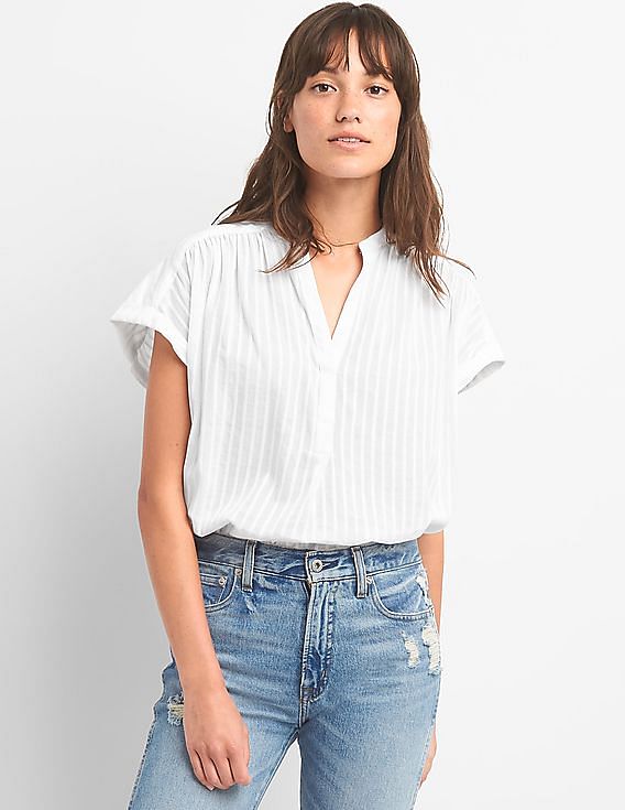 Buy GAP Women White Short Sleeve Popover Shirt In Stripe Dobby