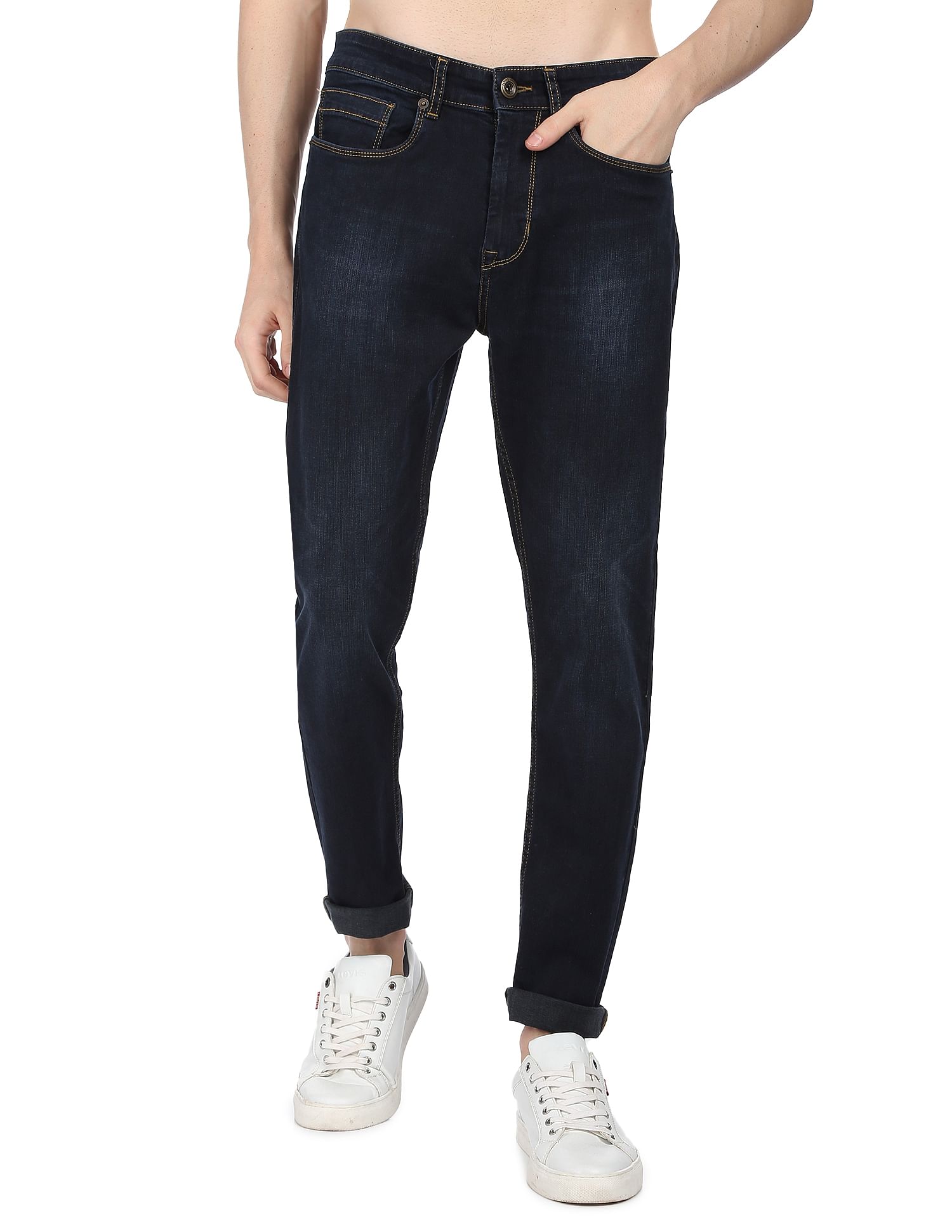 Flying Machine Stone Wash Slash Slim Tapered Fit Jeans