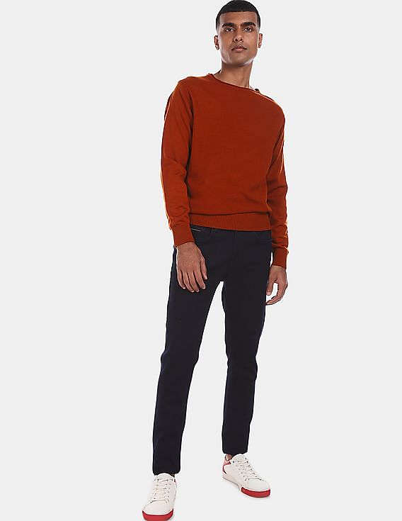 Buy Flying Machine Men Rust Crew Neck Textured Sweater NNNOW