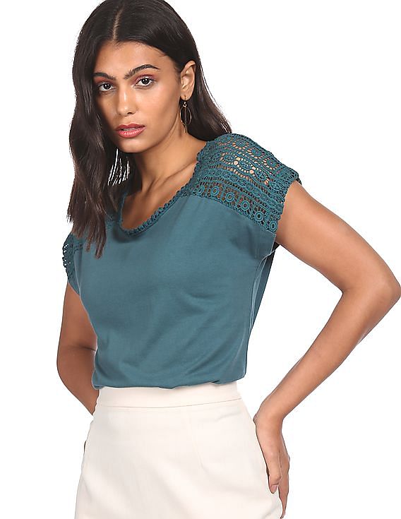 Aeropostale Women Teal Round Neck Crochet Insert Top