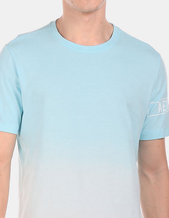 Aeropostale Men Light Blue And White Ombre Dyed Cotton T-Shirt