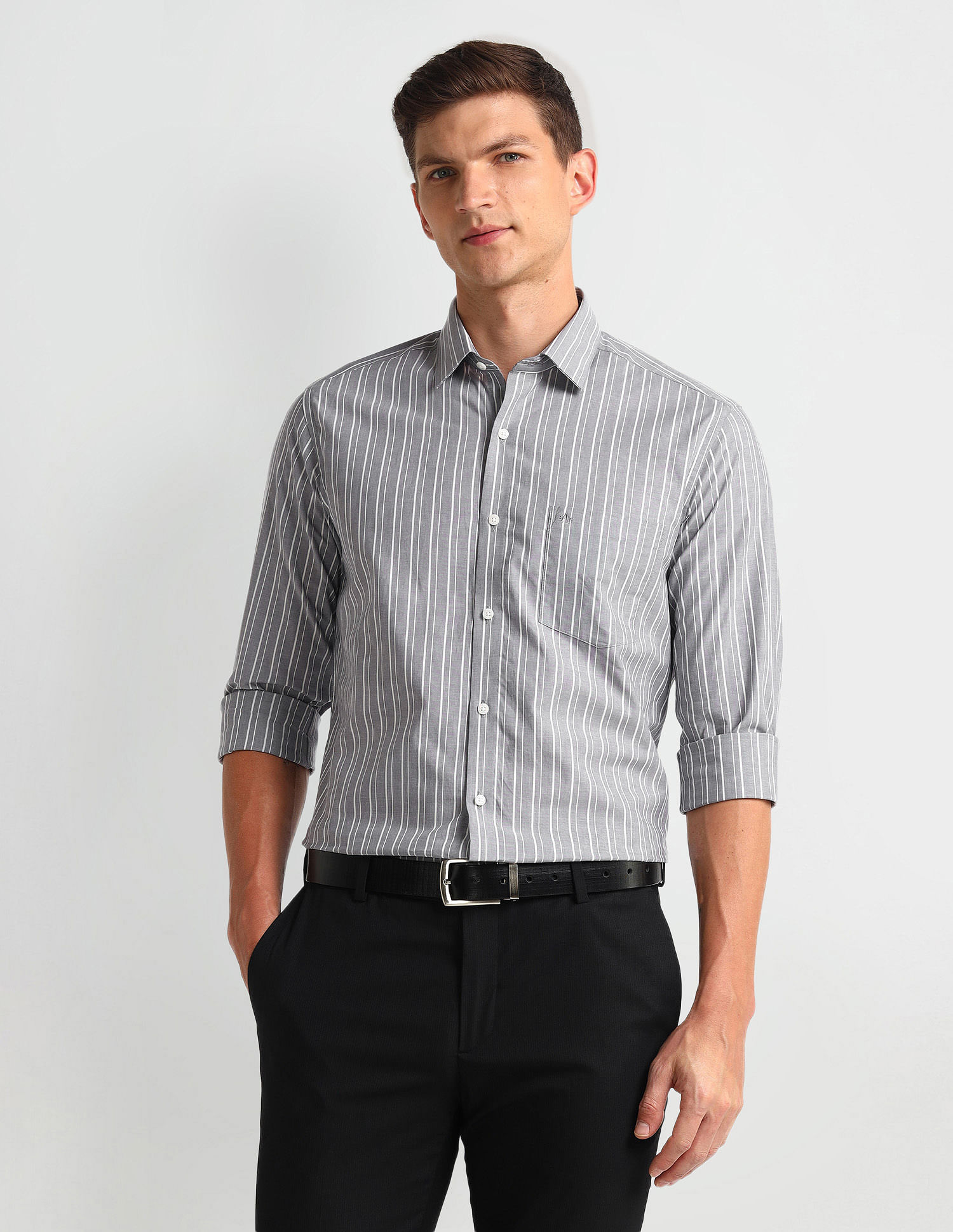 Arrow Manhattan Slim Vertical Striped Cotton Shirt