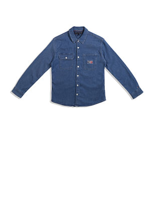 Buy Farah Men Blue Solid Logo Denim Shirt Online - 789513 | The Collective