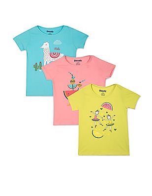 Girls Multi Colour Round Neck Printed T-Shirt Pack Of 3