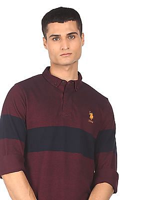 U S Polo Assn Men Maroon Button Down Collar Striped Polo Shirt