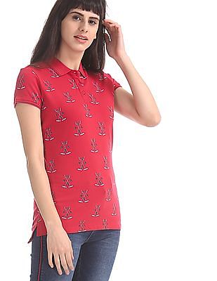 U S Polo Assn Women All Over Print Polo Short Sleeve Shirt