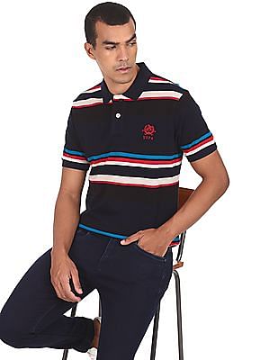 U S Polo Assn Men Navy And White Ribbed Collar Striped Polo Shirt