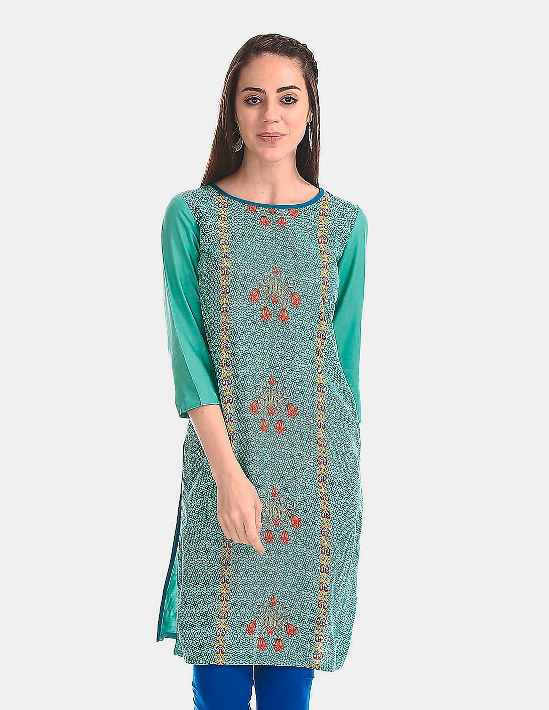 Buy Karigari Floral Print Panelled Kurta - NNNOW.com