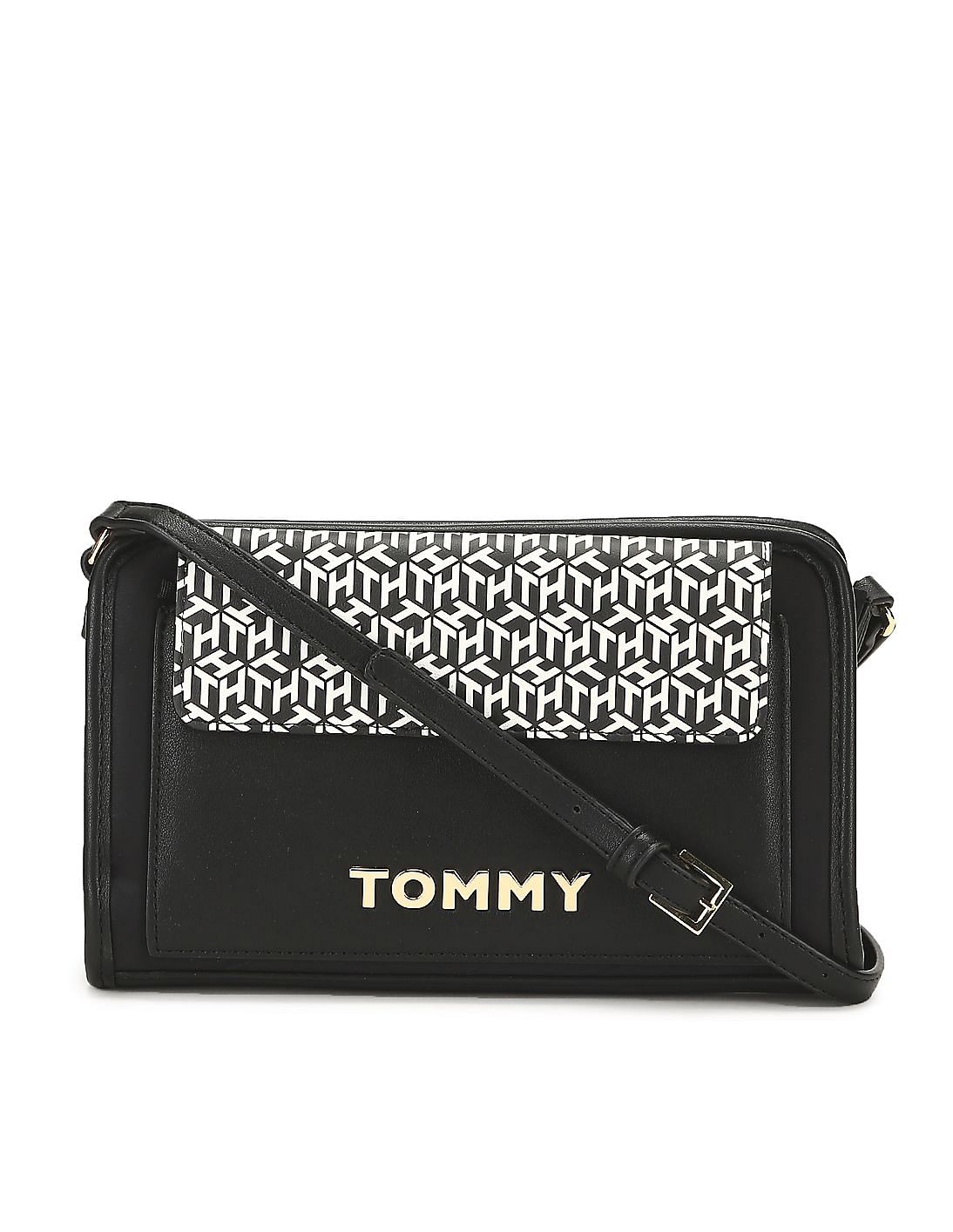 Buy Tommy Hilfiger Women Black Joan Monogram Flap X-Body Sling Bag ...