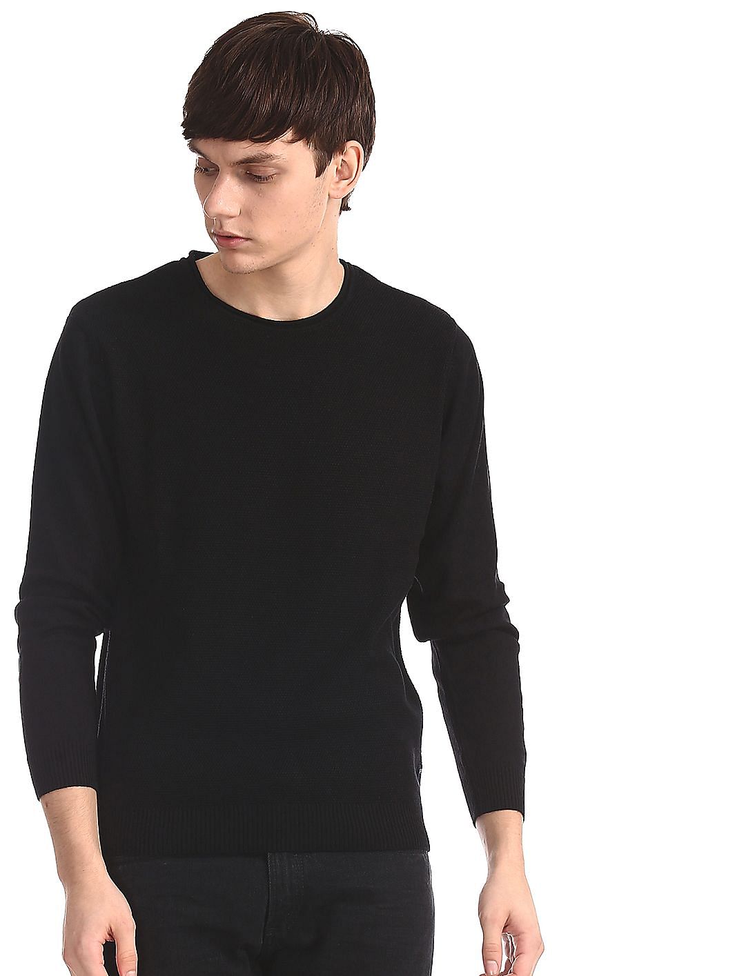 Buy Men Black Round Neck Patterned Knit Sweater online at NNNOW.com