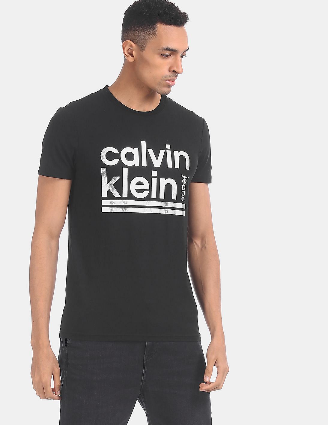 Buy Calvin Klein Men Black Crew Neck Metallic Brand Print Stretch T ...